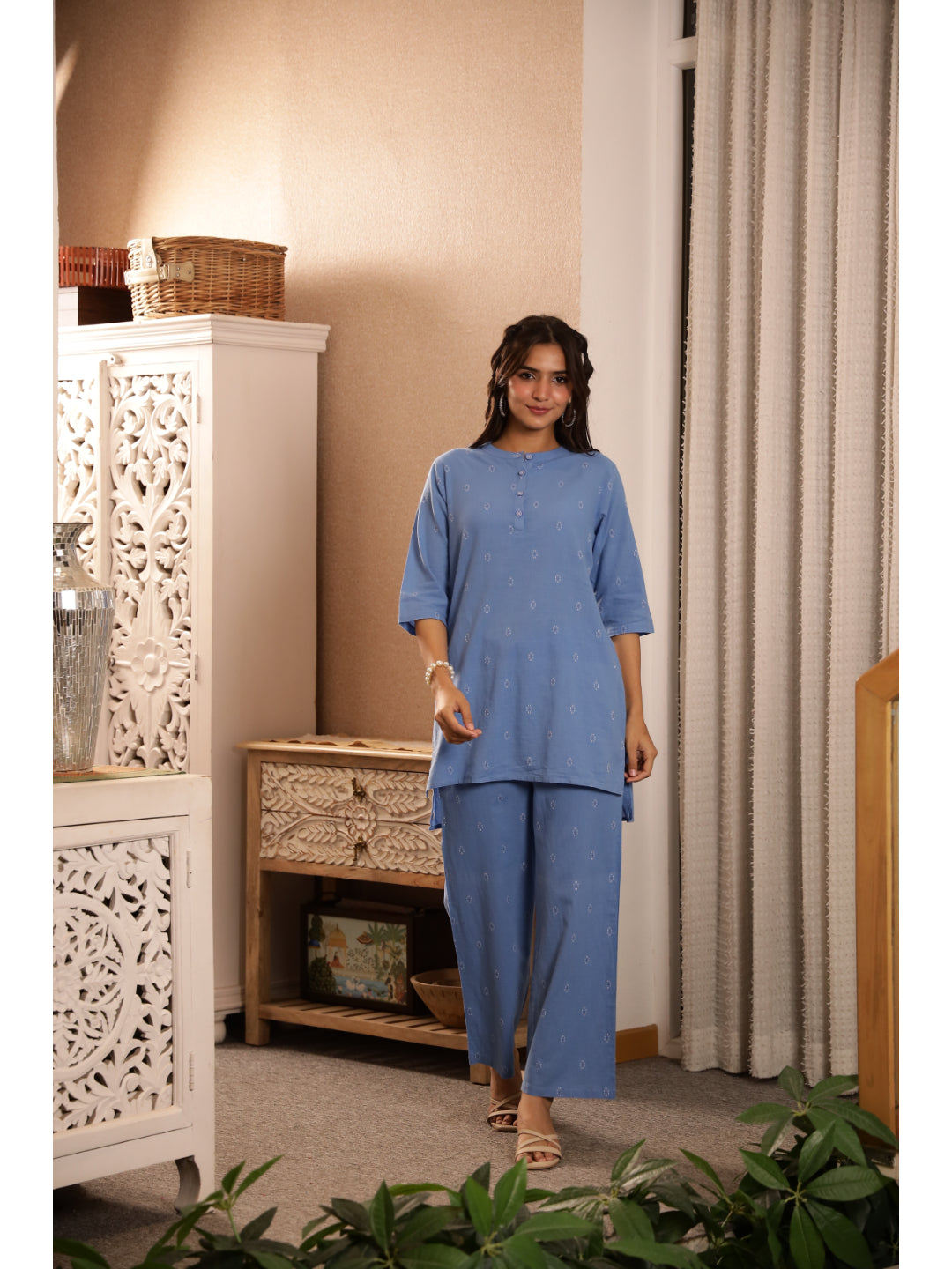 Blue Ethnic Motifs Three-Quarter Sleeves Kurta & Palazzo