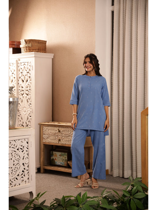Blue Ethnic Motifs Three-Quarter Sleeves Kurta & Palazzo