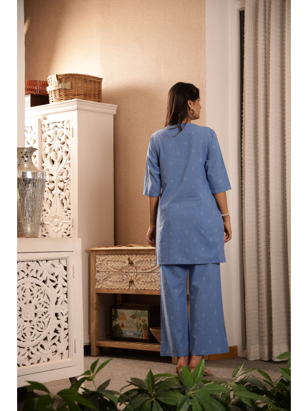 Blue Ethnic Motifs Three-Quarter Sleeves Kurta & Palazzo