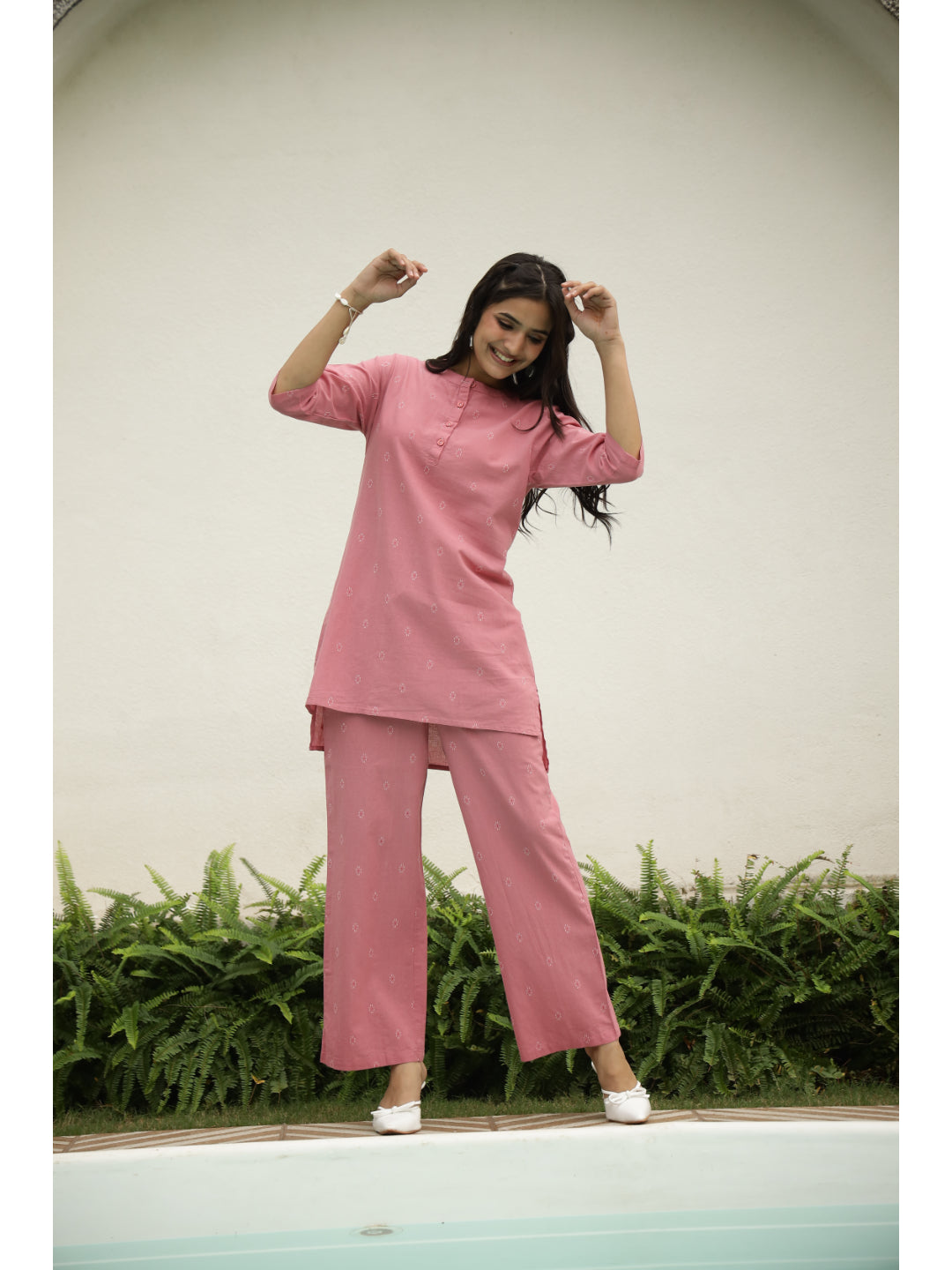 Pink Ethnic Motifs Three-Quarter Sleeves Kurta & Palazzo