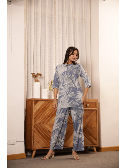 Grey Floral Three-Quarter Sleeves Kurta & Palazzo