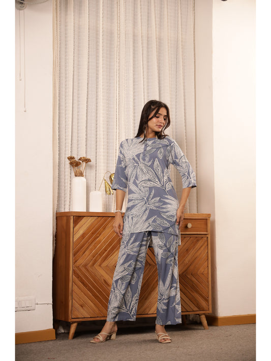 Grey Floral Three-Quarter Sleeves Kurta & Palazzo