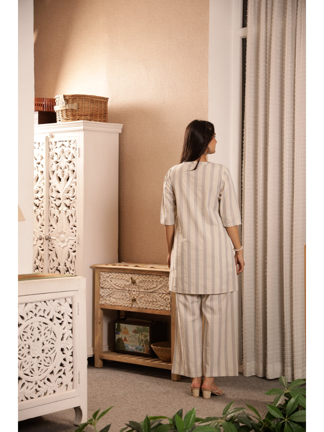 Multi Striped Three-Quarter Sleeves Kurta & Palazzo