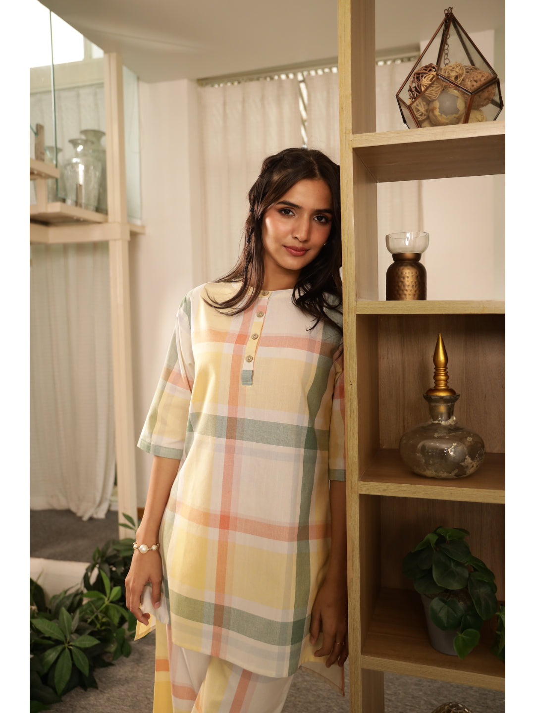 Green Checked Three-Quarter Sleeves Kurta & Palazzo
