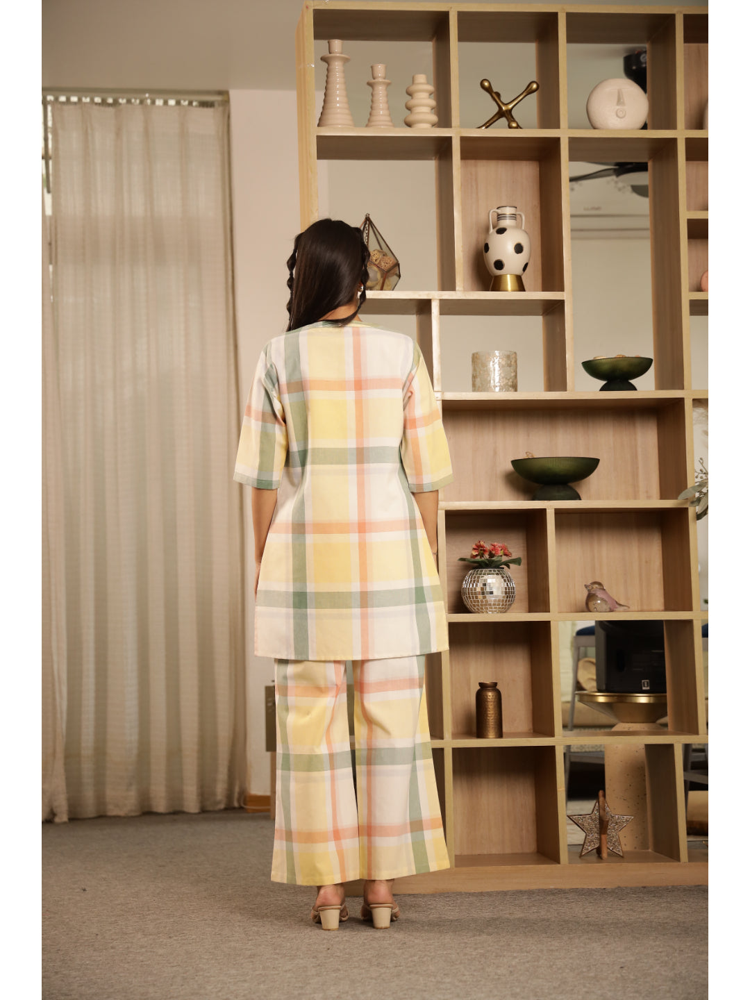 Green Checked Three-Quarter Sleeves Kurta & Palazzo