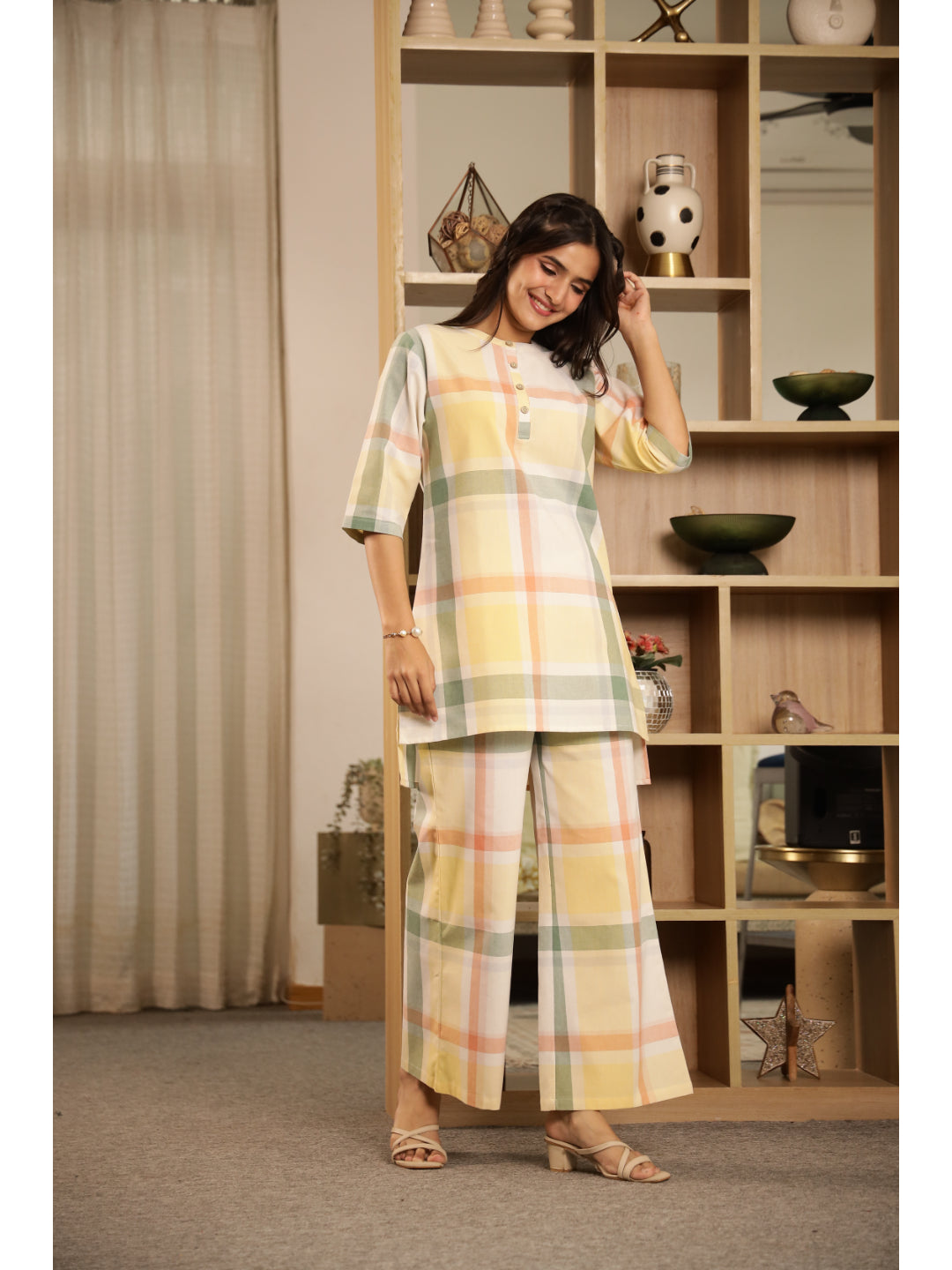 Green Checked Three-Quarter Sleeves Kurta & Palazzo