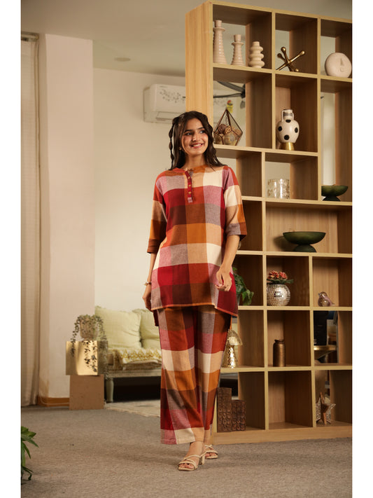 Red Checked Three-Quarter Sleeves Kurta & Palazzo