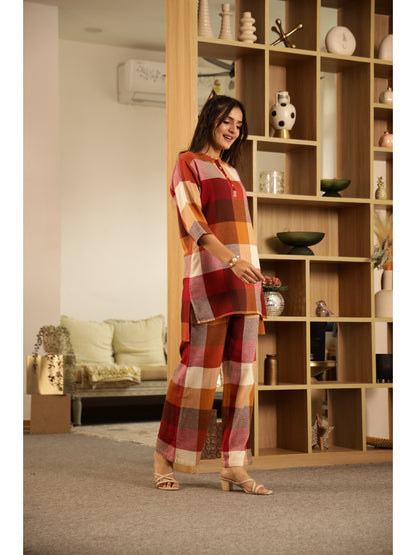 Red Checked Three-Quarter Sleeves Kurta & Palazzo