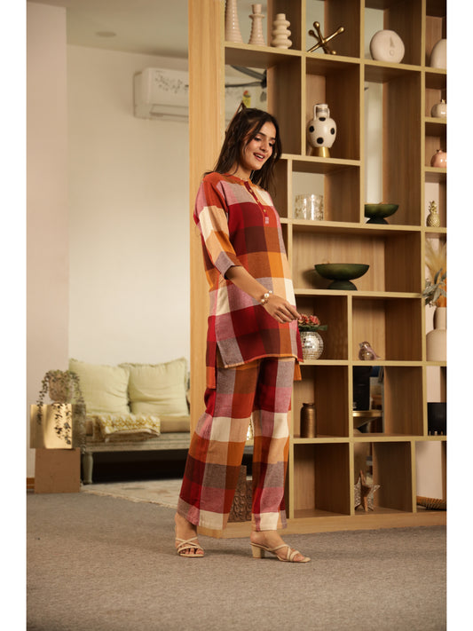 Red Checked Three-Quarter Sleeves Kurta & Palazzo