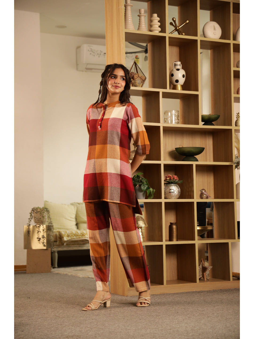 Red Checked Three-Quarter Sleeves Kurta & Palazzo
