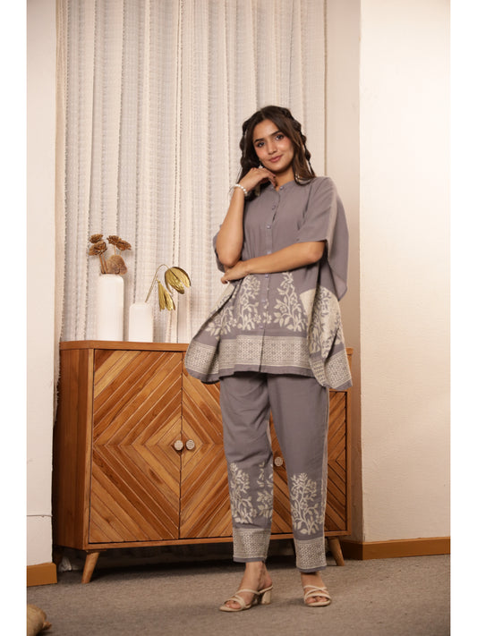 Grey Floral Three-Quarter Sleeves Co-ord Set
