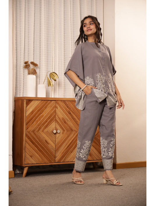 Grey Floral Three-Quarter Sleeves Co-ord Set