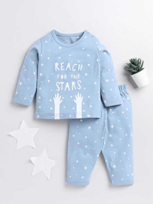 Reach for the Stars Blue Cotton Full Sleeve Nightwear Set