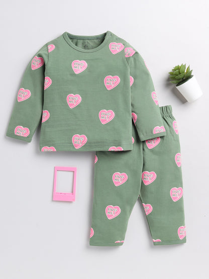 Hearts Green Cotton Full Sleeve Nightwear Set