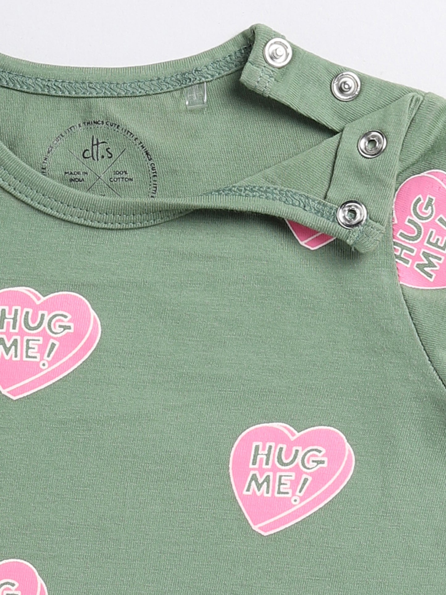 Hearts Green Cotton Full Sleeve Nightwear Set