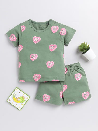 Hearts Green Cotton Half Sleeve Nightwear Set