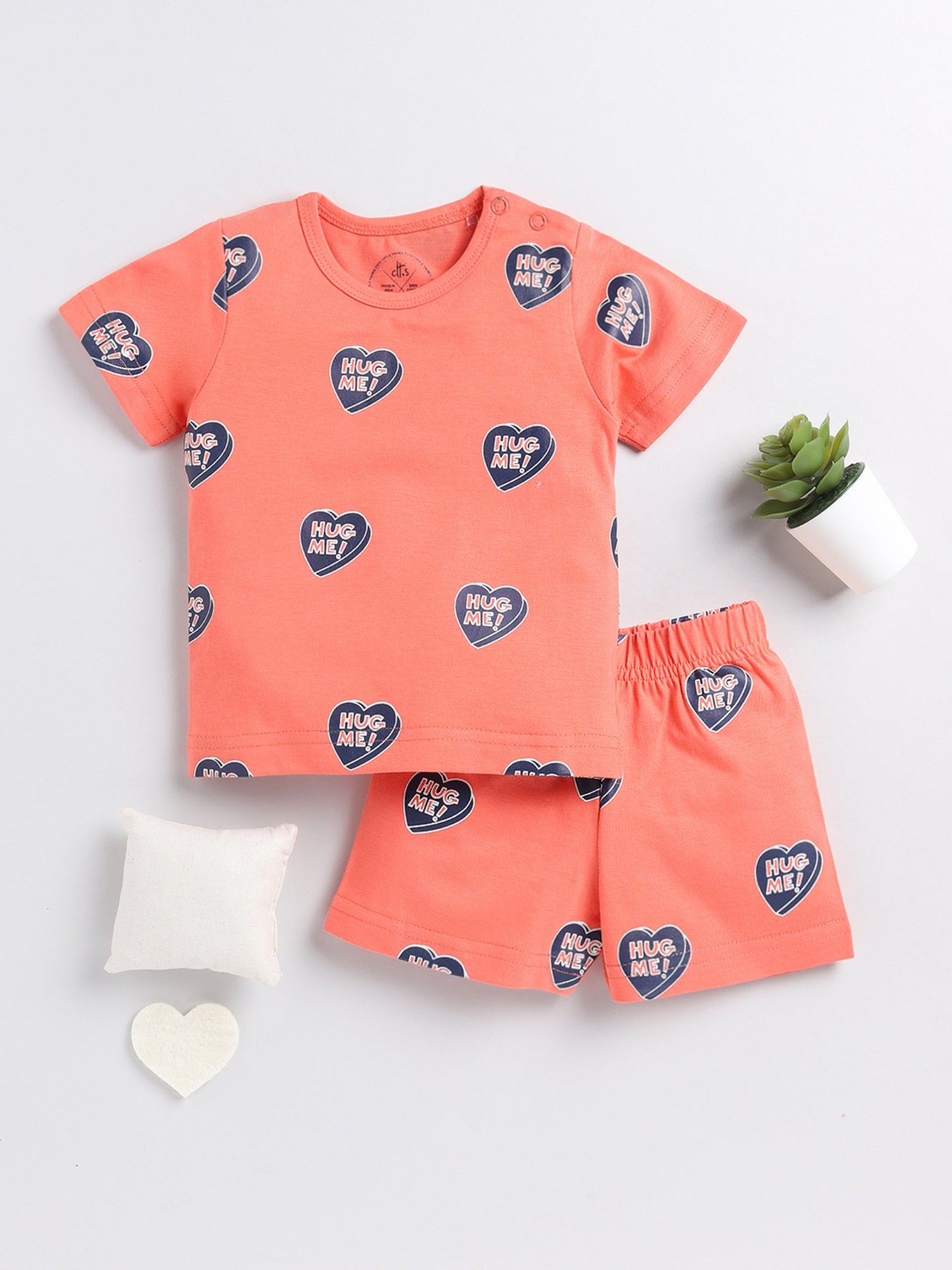 Hearts Orange Cotton Half Sleeve Nightwear Set