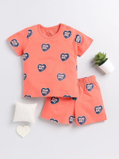 Hearts Orange Cotton Half Sleeve Nightwear Set