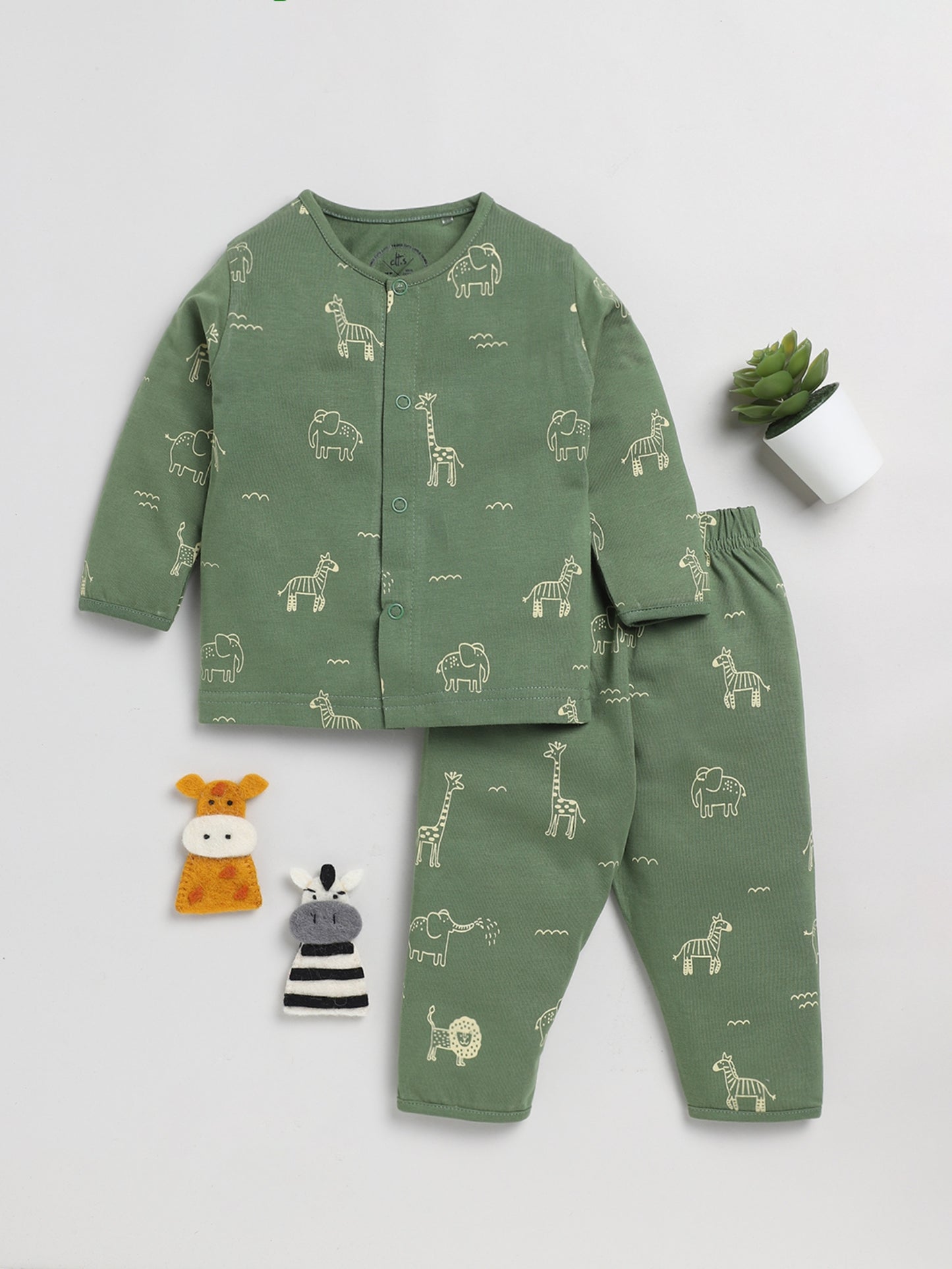 Cute Animal Print Green Full Sleeve Nightwear Set