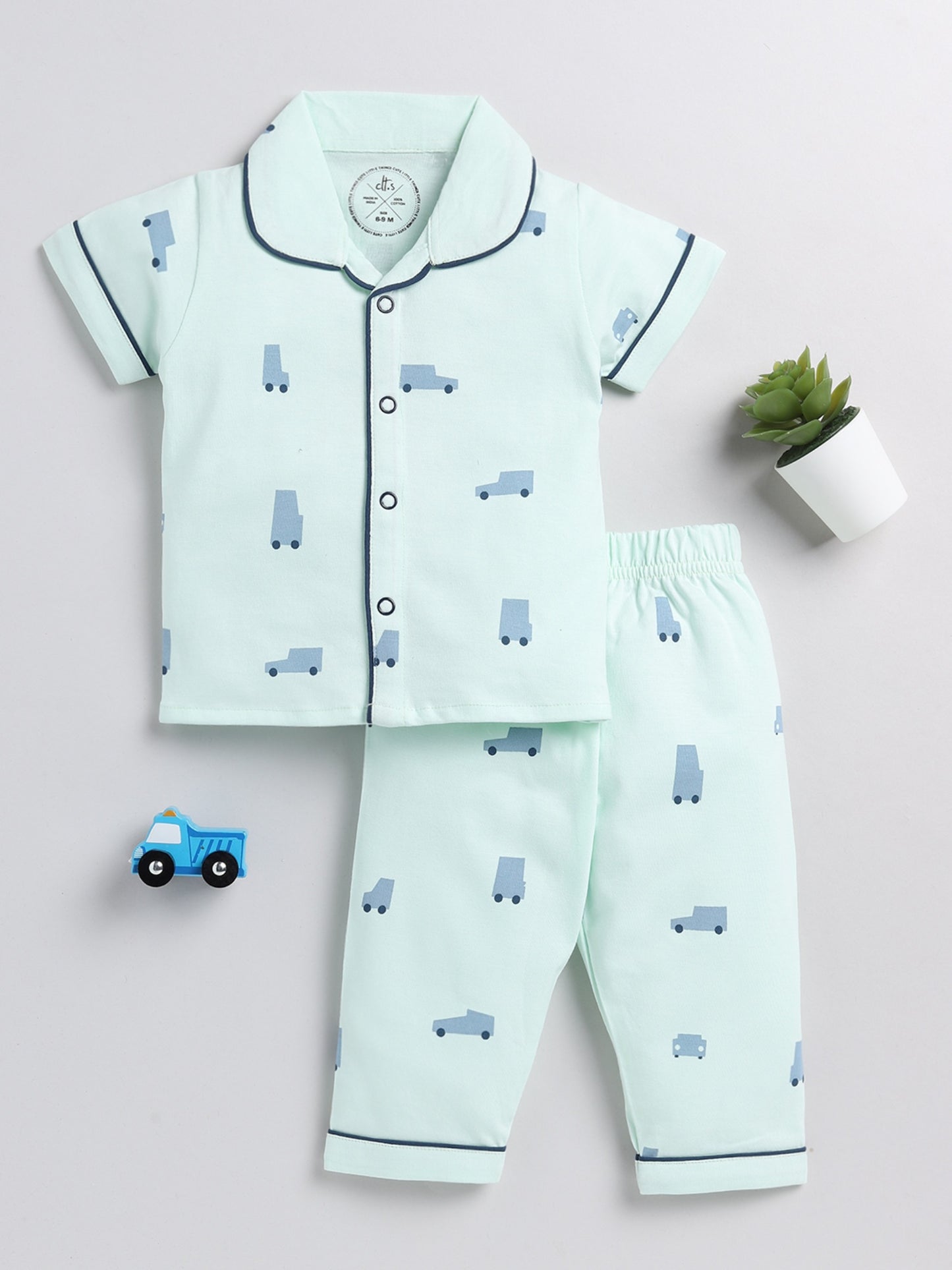 Car Print Sea Green Cotton Half Sleeve Nightwear Set