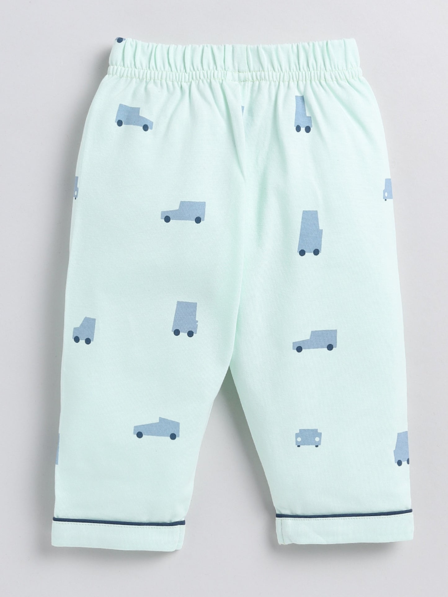 Car Print Sea Green Cotton Half Sleeve Nightwear Set