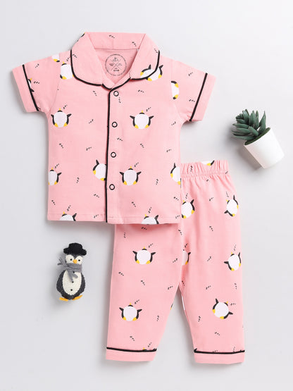 Penguin Print Pink Cotton Half Sleeve Nightwear Set