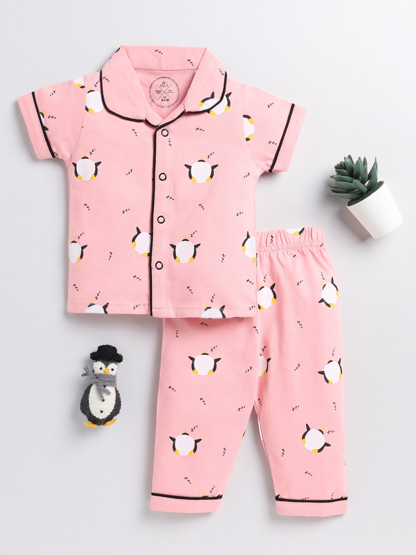 Penguin Print Pink Cotton Half Sleeve Nightwear Set