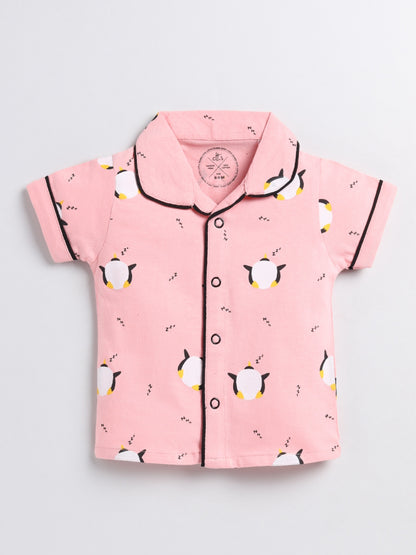 Penguin Print Pink Cotton Half Sleeve Nightwear Set