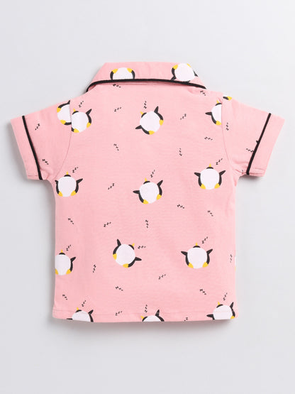 Penguin Print Pink Cotton Half Sleeve Nightwear Set