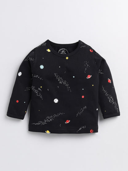 Space Theme Black Cotton Full Sleeve Nightwear Set