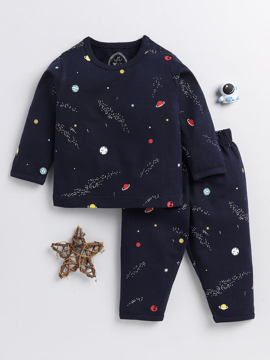 Space Theme Blue Cotton Full Sleeve Night Suit
