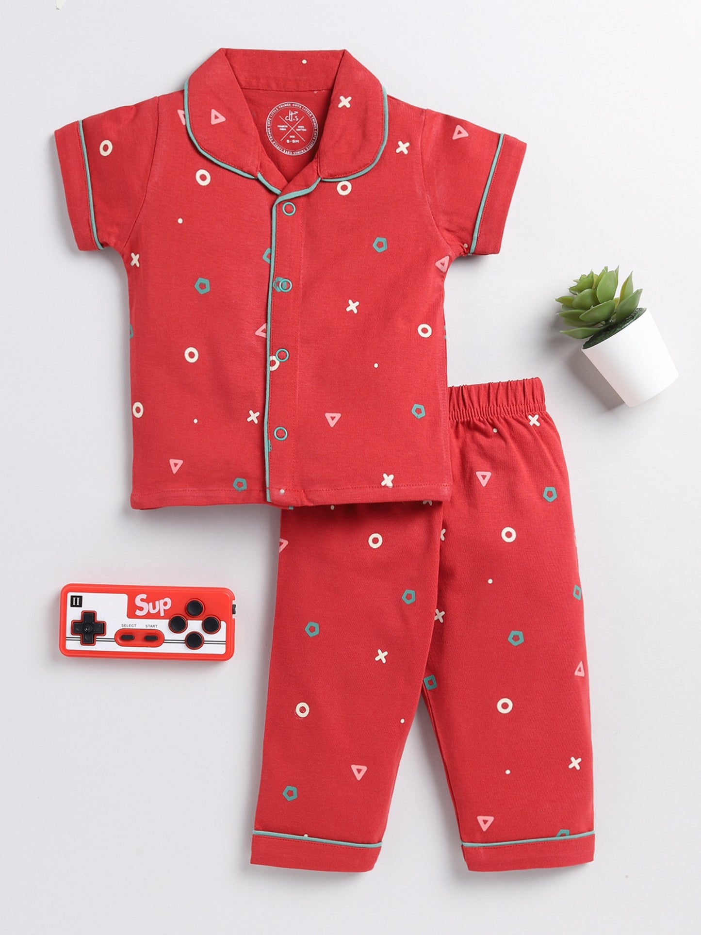 Graphic Red Cotton Half Sleeve Night Suit