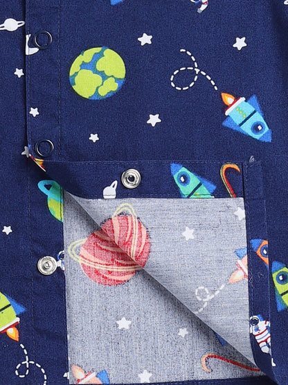 Space Print Blue Cotton Half Sleeve Nightwear Set