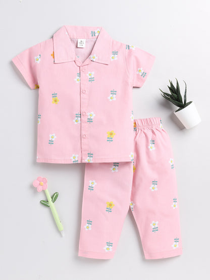 Floral Pink Cotton Half Sleeve Night Suit