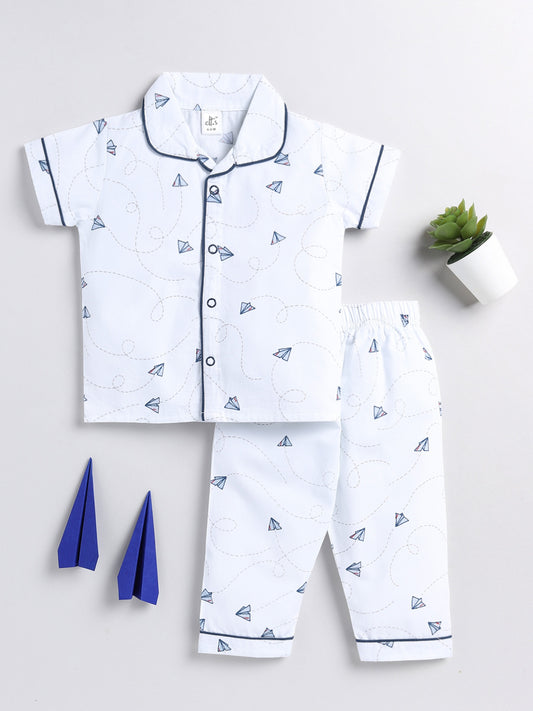 Aeroplane White Cotton Half Sleeve Nightwear Set
