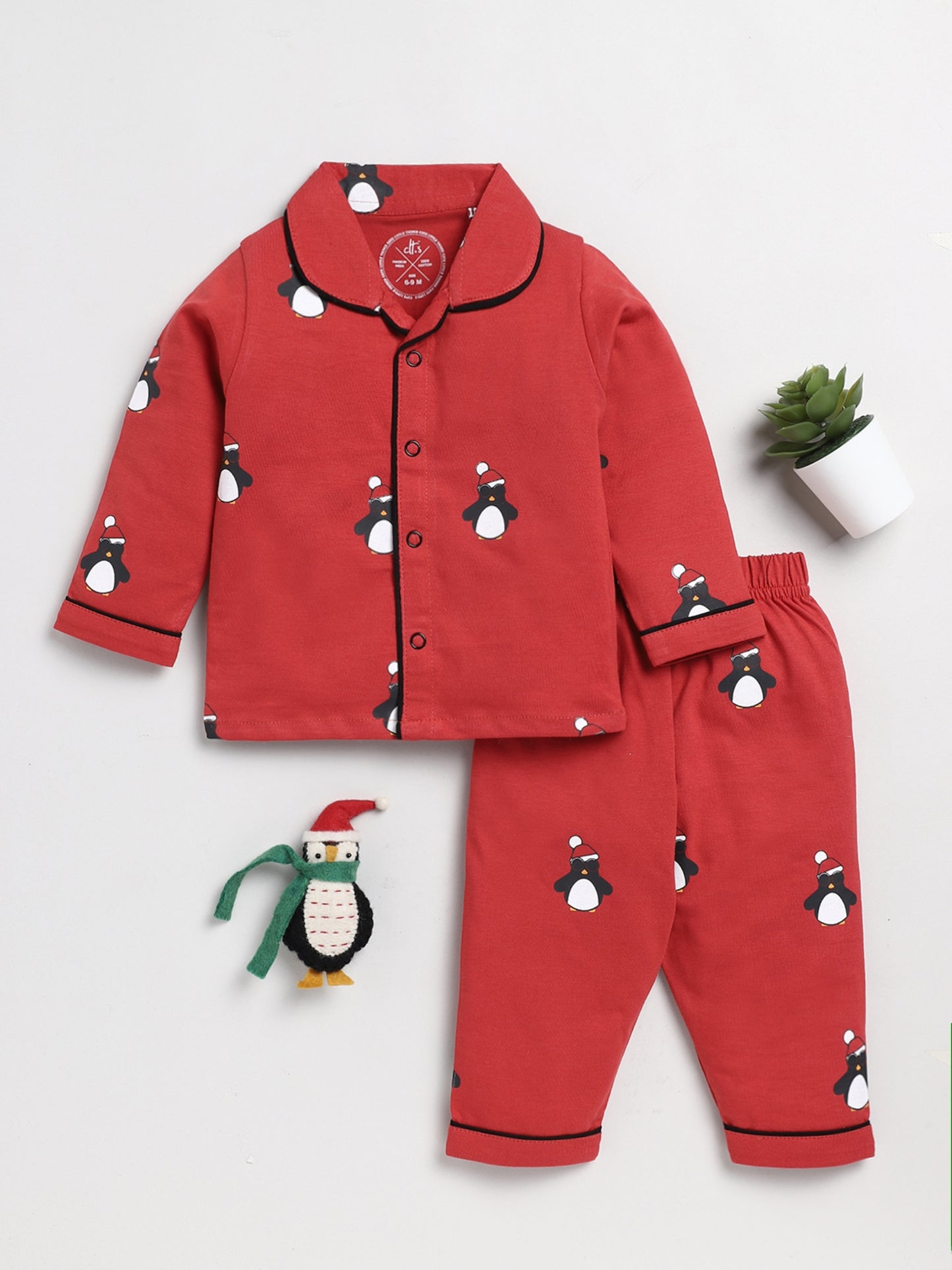 Penguin Print Red Full Sleeve Nightwear Set