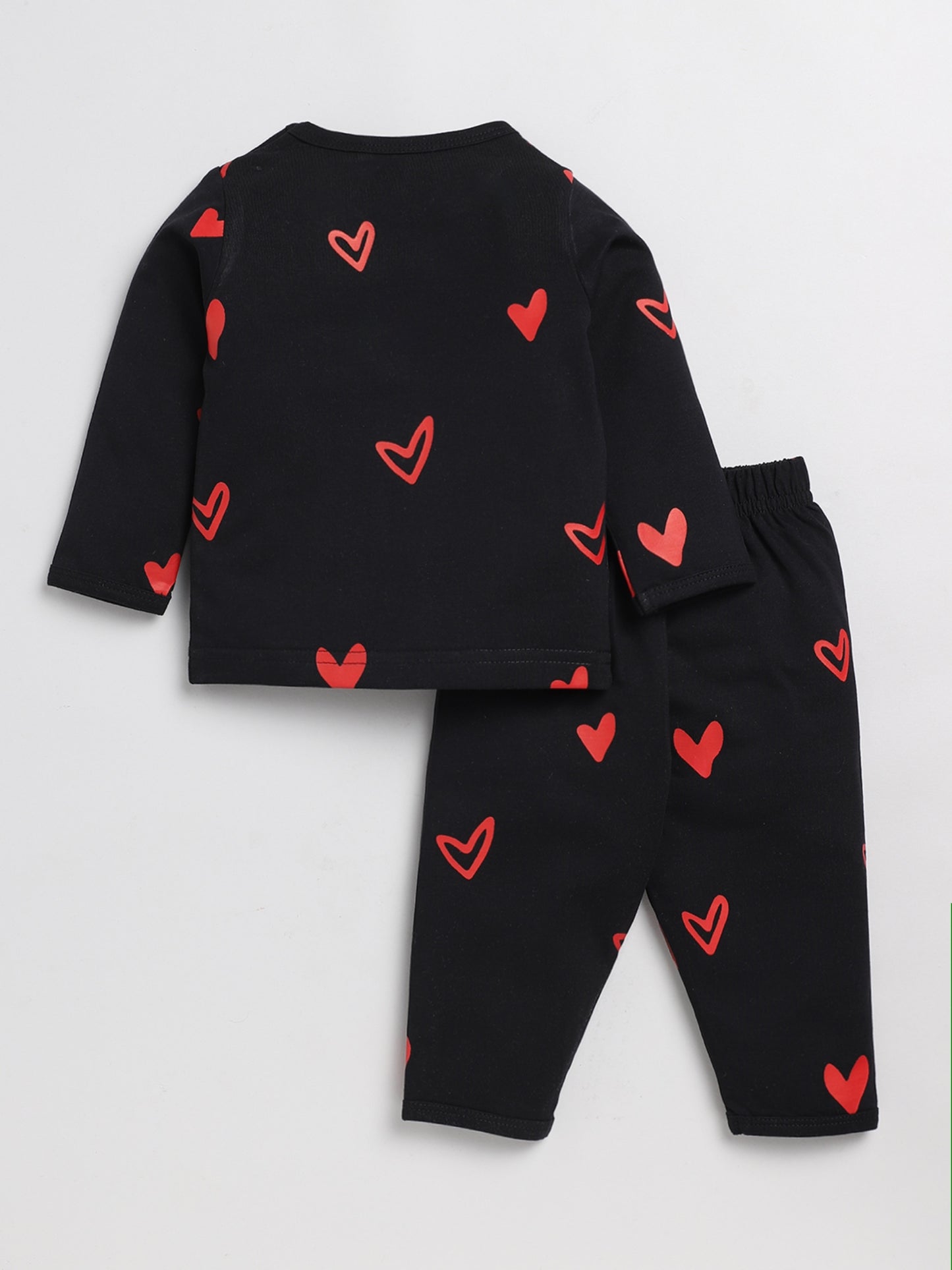 All Hearts Print Black Full Sleeve Nightwear Set