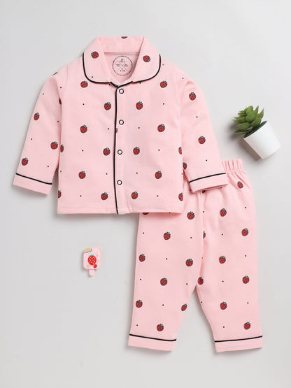 Graphic Print Pink Full Sleeve Nightwear Set