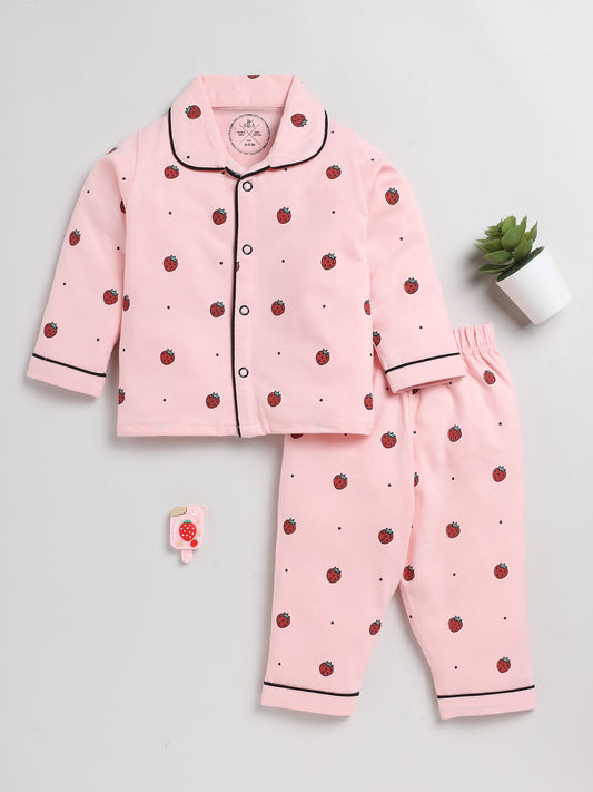 Strawberry Print Pink Full Sleeve Nightwear Set