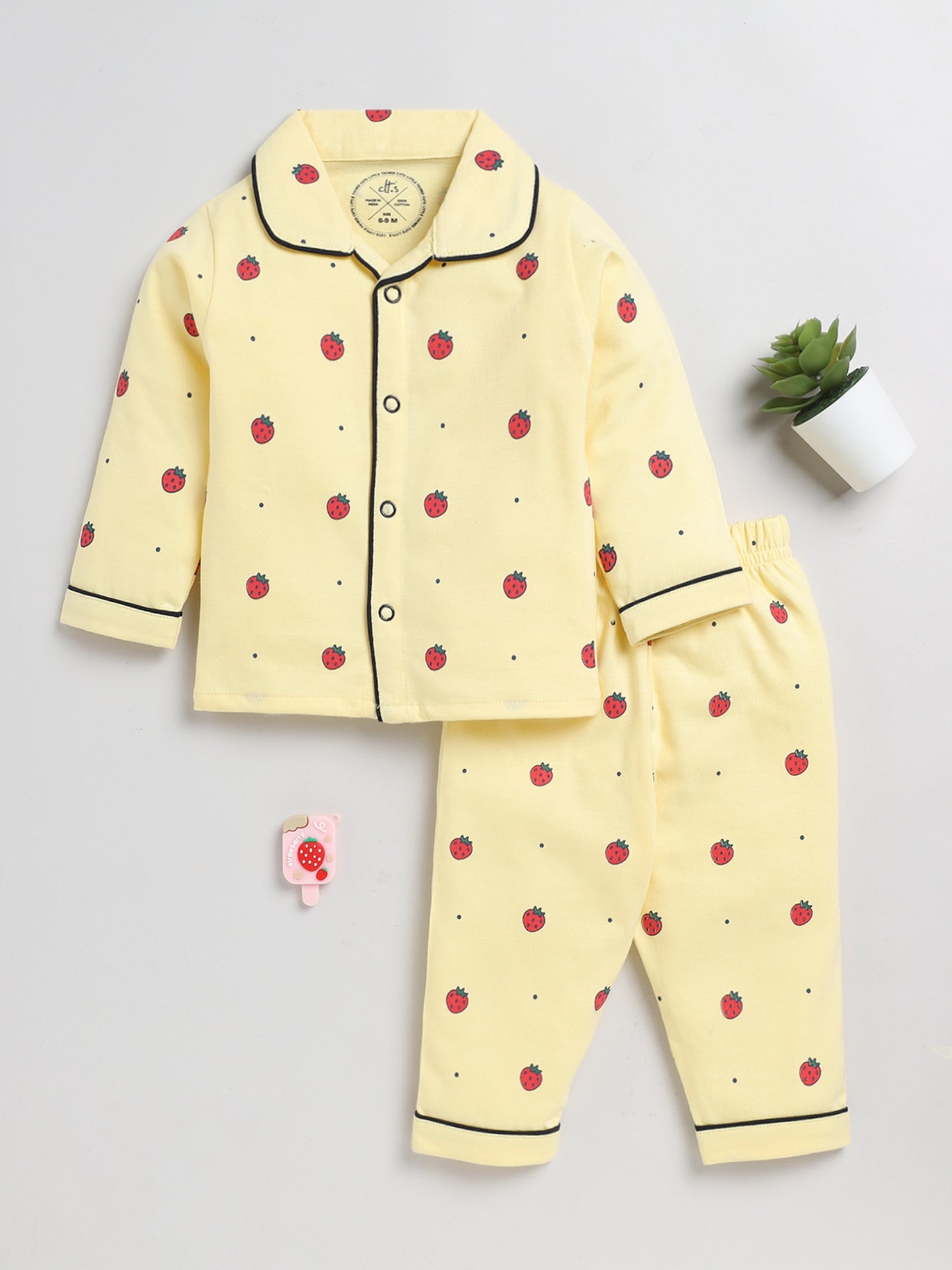 Strawberry Print Yellow Full Sleeve Nightwear Set