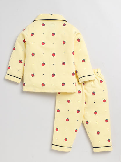 Strawberry Print Yellow Full Sleeve Nightwear Set