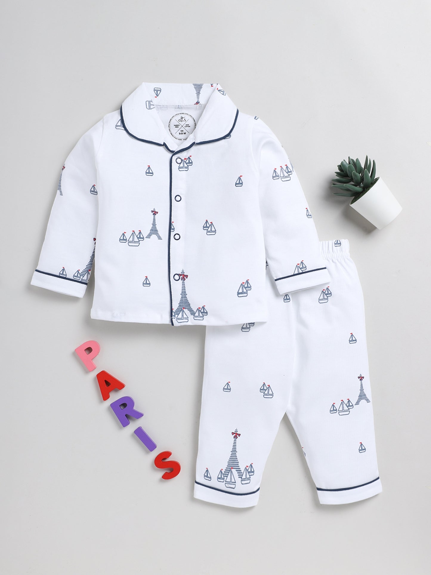 Eiffel Tower Print White Full Sleeve Nightwear Set