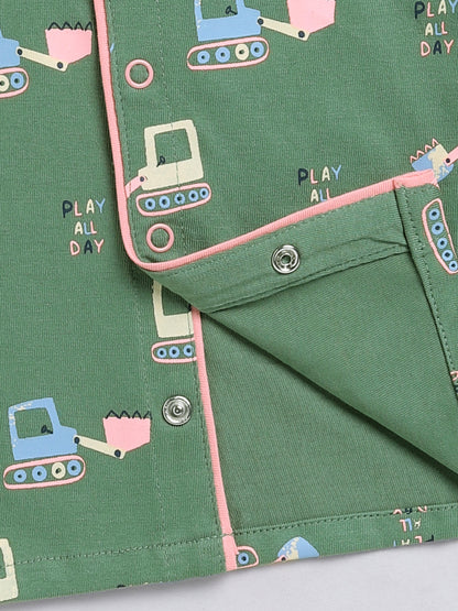 Crane Print Green Full Sleeve Nightwear Set