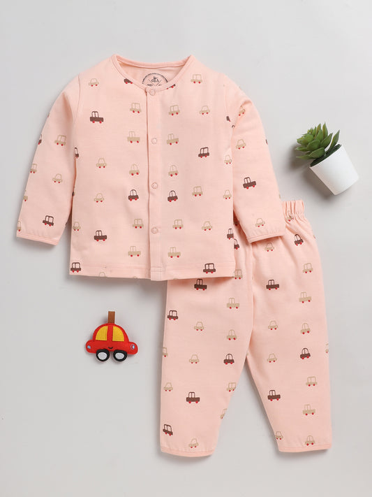 Car Print Peach Full Sleeve Nightwear Set