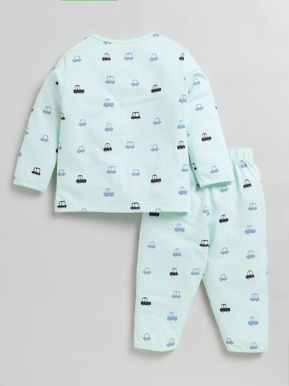 Car Print SeaGreen Full Sleeve Nightwear Set
