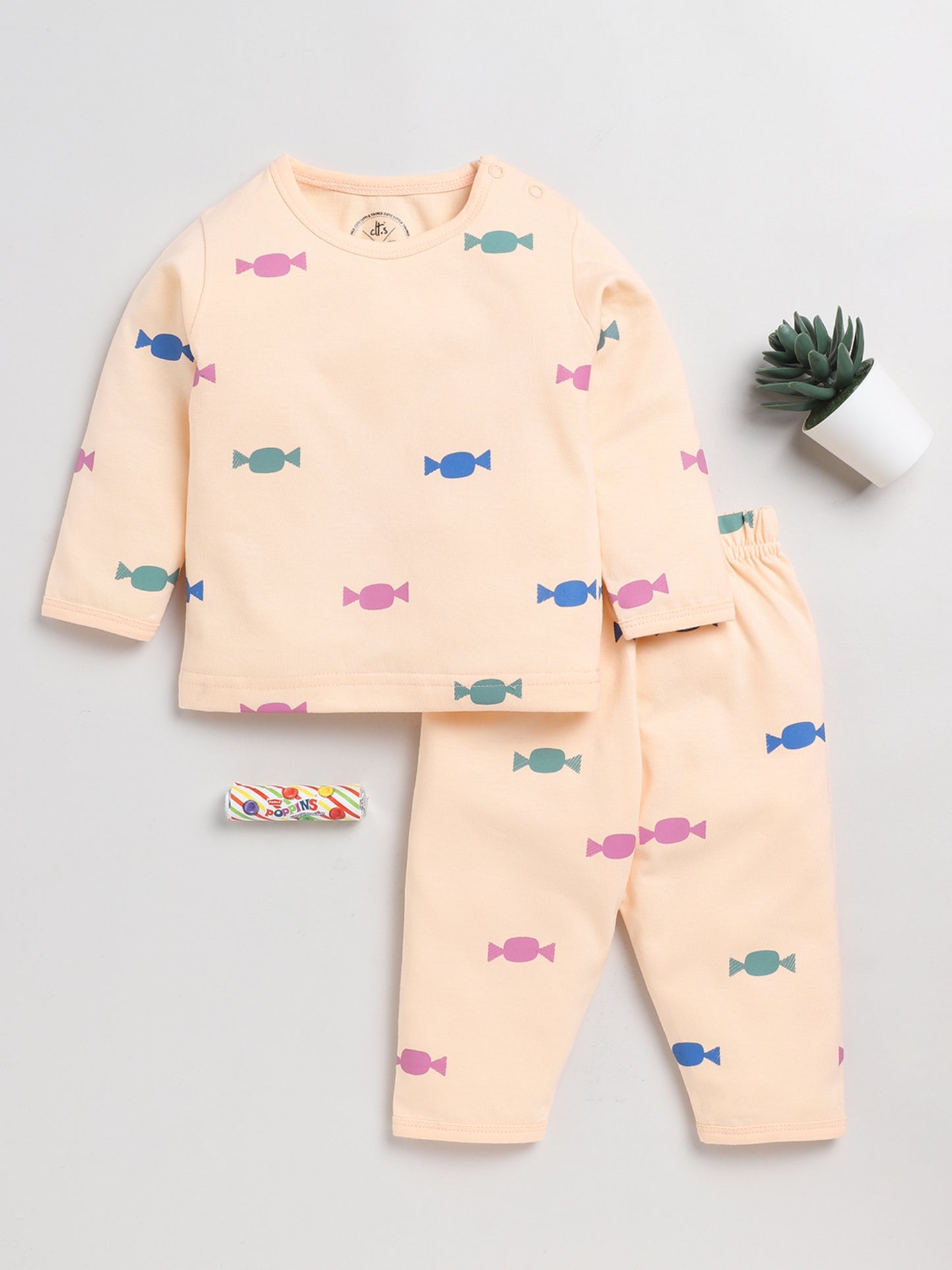 Candy Print Peach Full Sleeve Nightwear Set