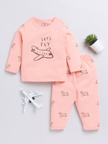 Peach Aeroplane Full Sleeve Nightwear Set