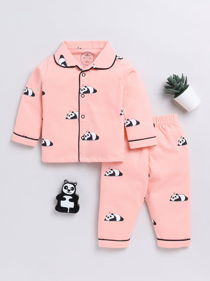 Peach Sleeping Panda Full Sleeve Night Suit