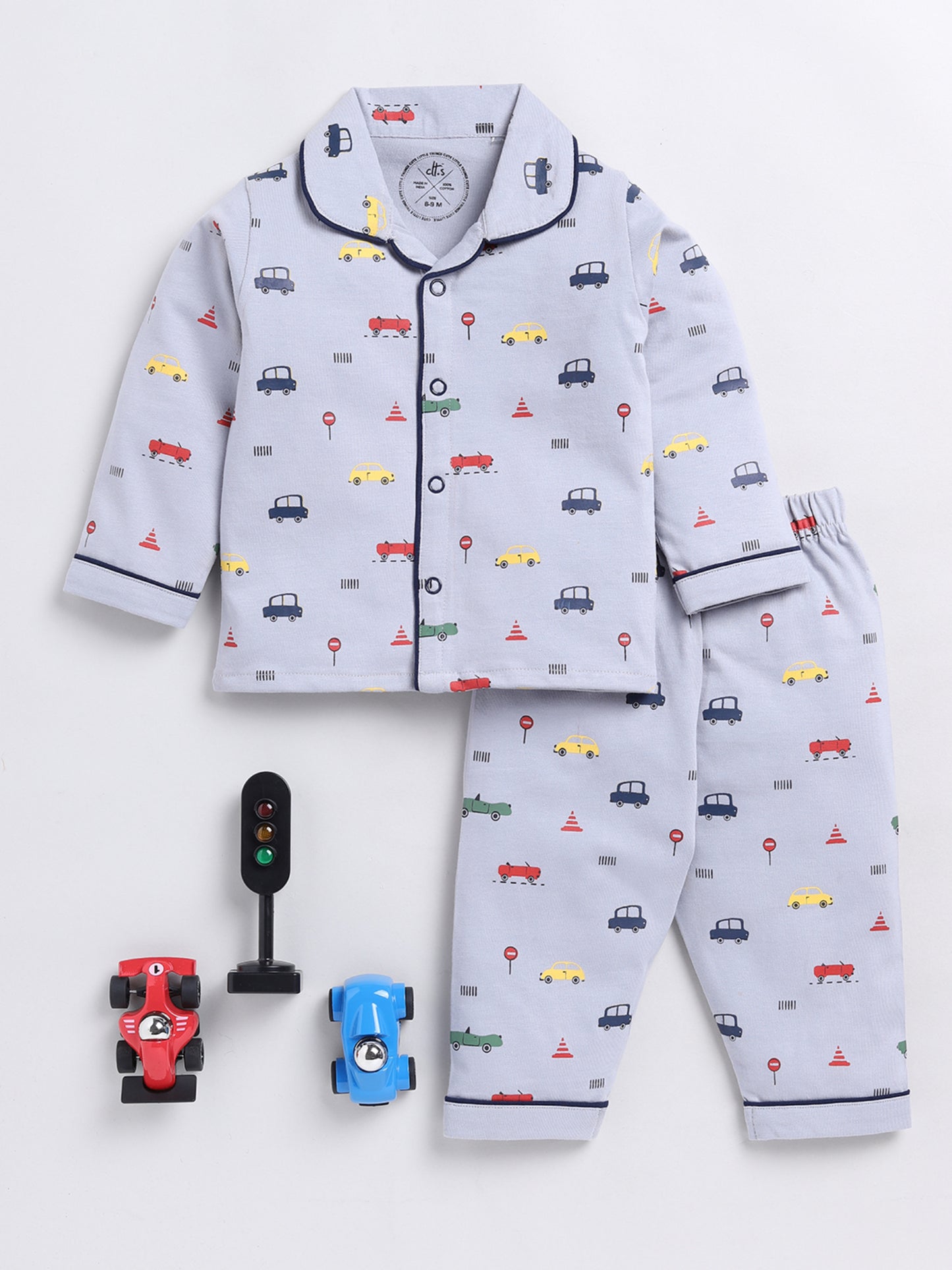 Graphic Car Print Grey Full Sleeve Nightwear Set