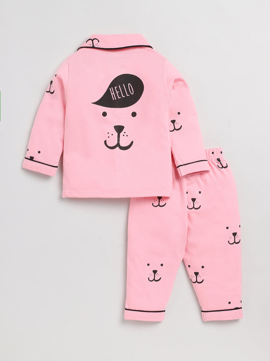 Puppy Face Pink Full Sleeve Nightwear Set